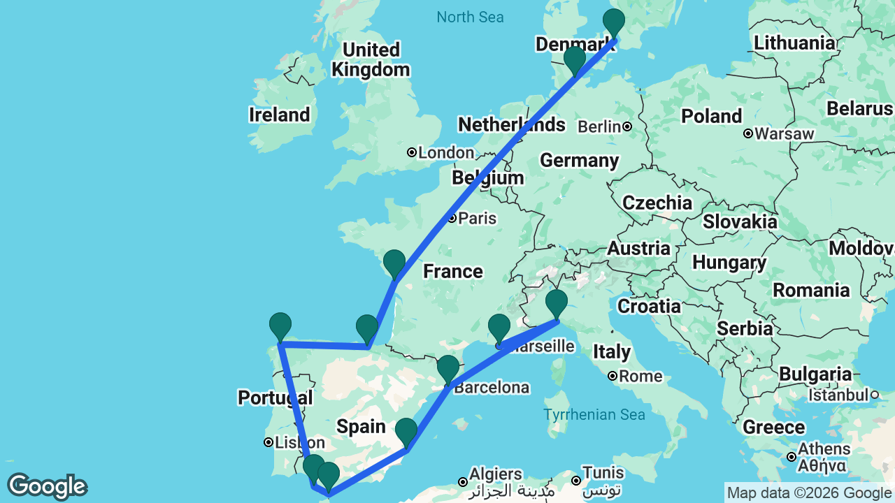 Route map: Marseille -> Genoa -> Barcelona -> Alicante -> Gibraltar -> Cádiz -> La Coruña -> Bilbao -> La Rochelle -> Kiel -> Copenhagen