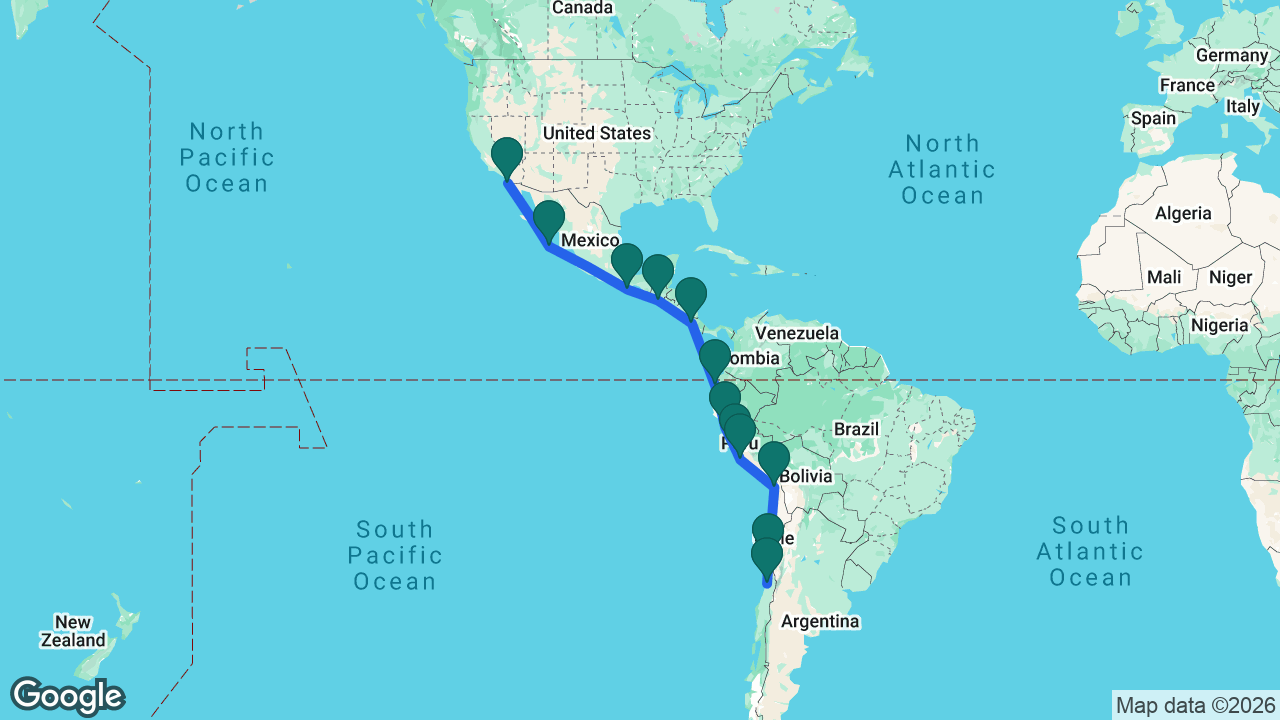 Route map: San Diego -> Cabo -> Huatulco -> Puerto Quetzal -> Puntarenas -> Manta -> Salaverry -> Lima -> General San Martín -> Arica -> Coquimbo -> San Antonio