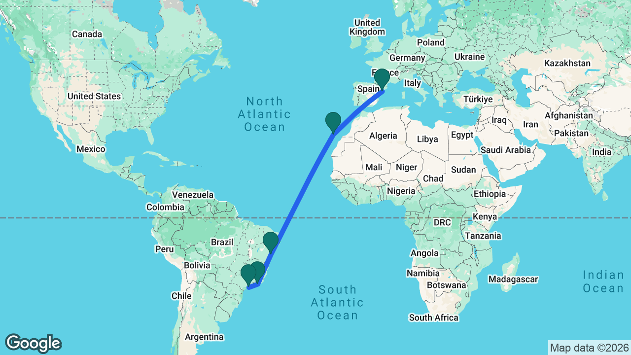 Route map: Tarragona -> Tenerife -> Salvador -> Rio -> Santos