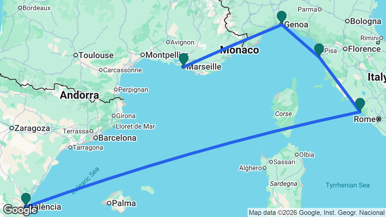 Route map: Marseille -> Genoa -> Florence -> Rome -> Valencia