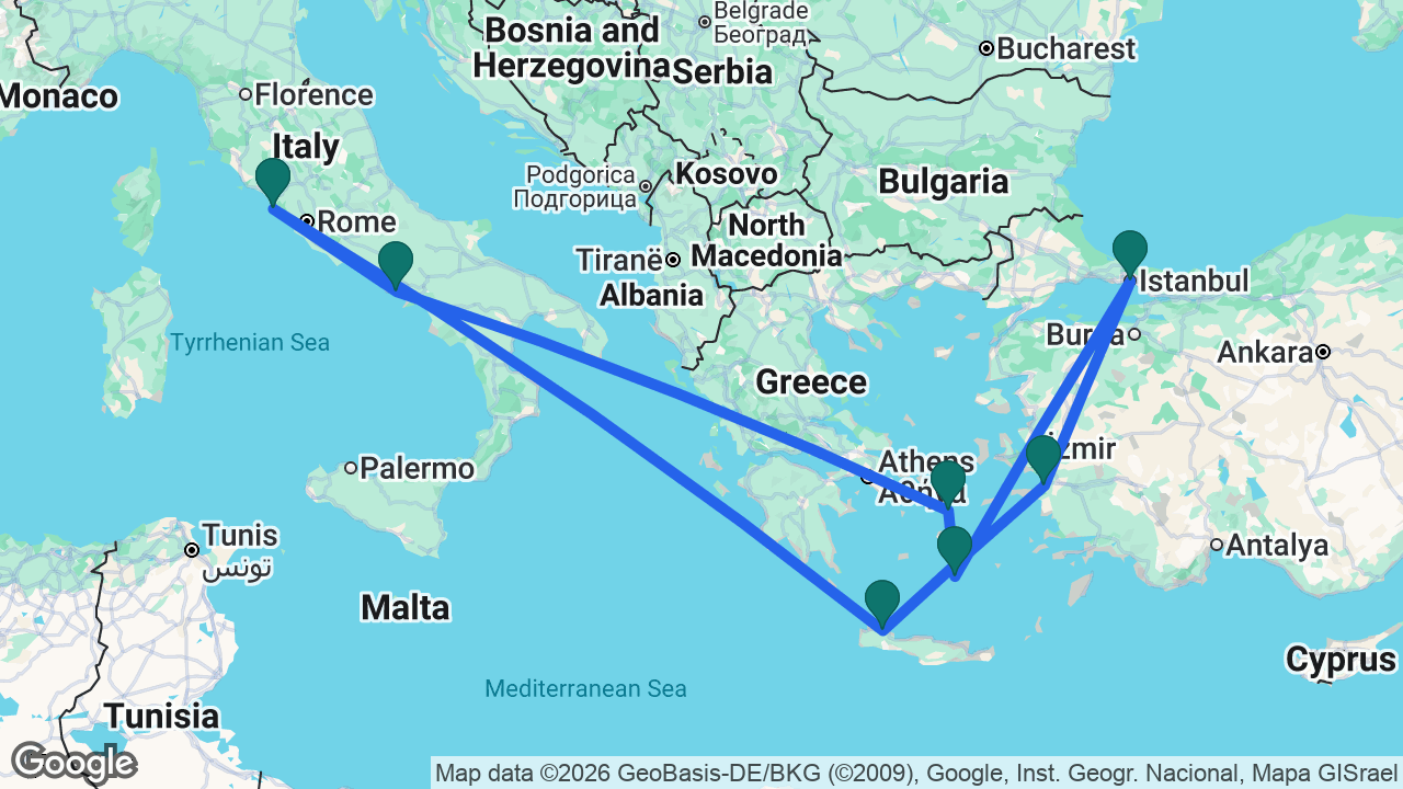 Route map: Rome -> Chania -> Ephesus -> Istanbul -> Santorini -> Mykonos -> Naples -> Rome