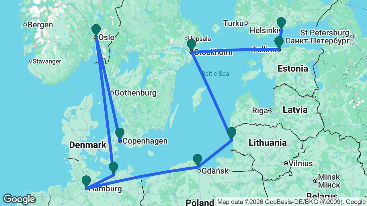 Route map: Copenhagen -> Oslo -> Berlin -> Hamburg -> Gdansk -> Klaipeda -> Stockholm -> Tallinn -> Helsinki