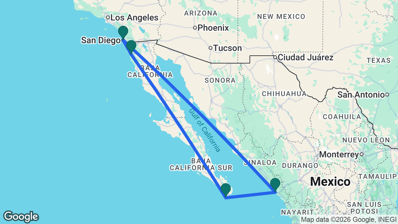 Route map: San Diego -> Ensenada -> Cabo -> Mazatlán -> San Diego