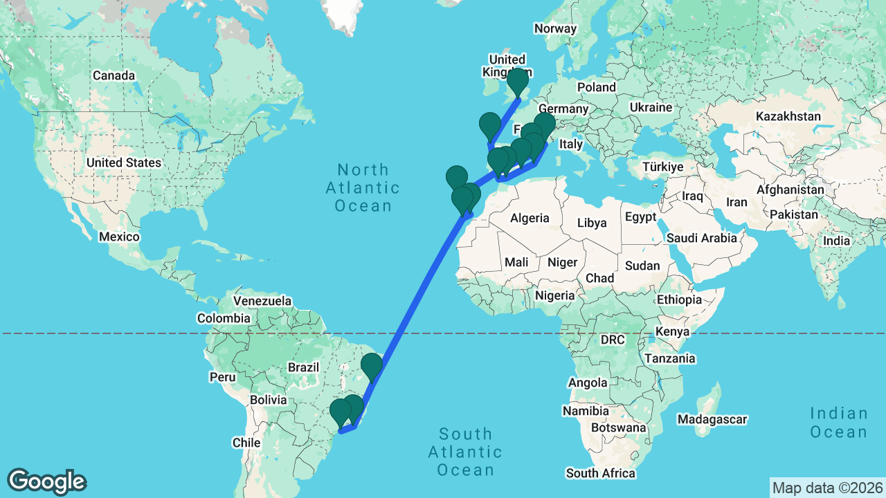 Route map: Southampton -> La Coruña -> Cádiz -> Málaga -> Alicante -> Mallorca -> Marseille -> Barcelona -> Madeira -> Lanzarote -> Gran Canaria -> Salvador -> Rio -> Santos