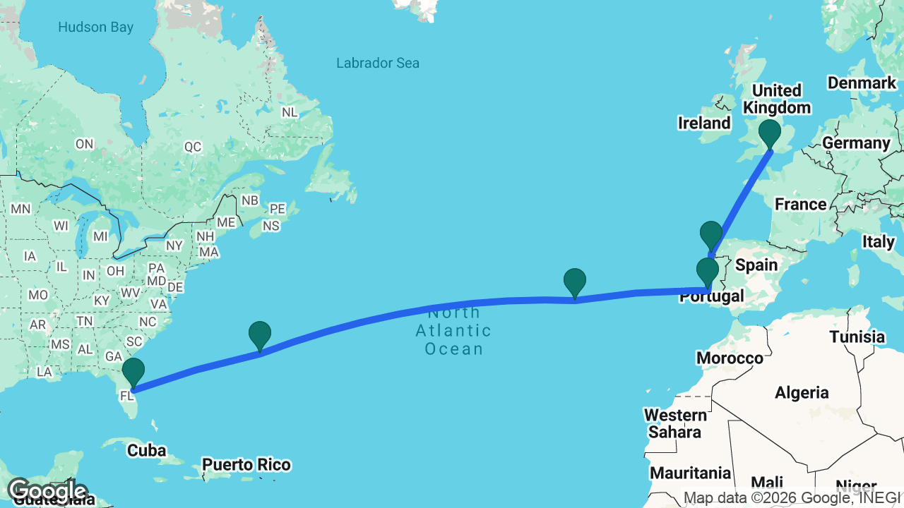 Route map: Southampton -> Vigo -> Lisbon -> Azores -> Bermuda -> Port Canaveral