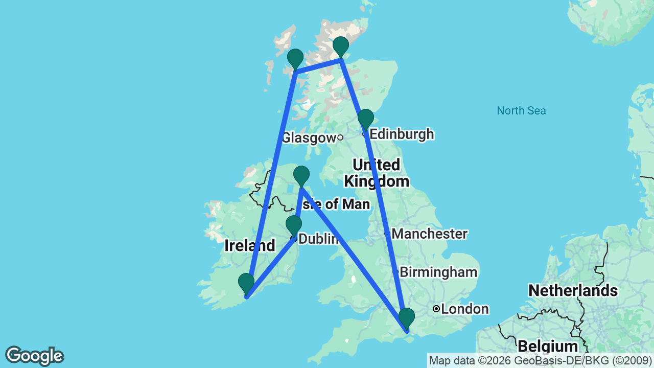Route map: Southampton -> Edinburgh -> Invergordon -> Isle of Skye -> Cork -> Dublin -> Belfast -> Southampton