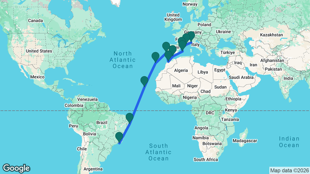 Route map: Rio -> Maceió -> Mindelo -> Madeira -> Lisbon -> Casablanca -> Málaga -> Mallorca -> Barcelona -> Marseille -> Genoa