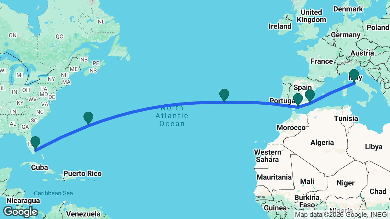 Route map: Fort Lauderdale -> Bermuda -> Azores -> Málaga -> Cartagena -> Rome