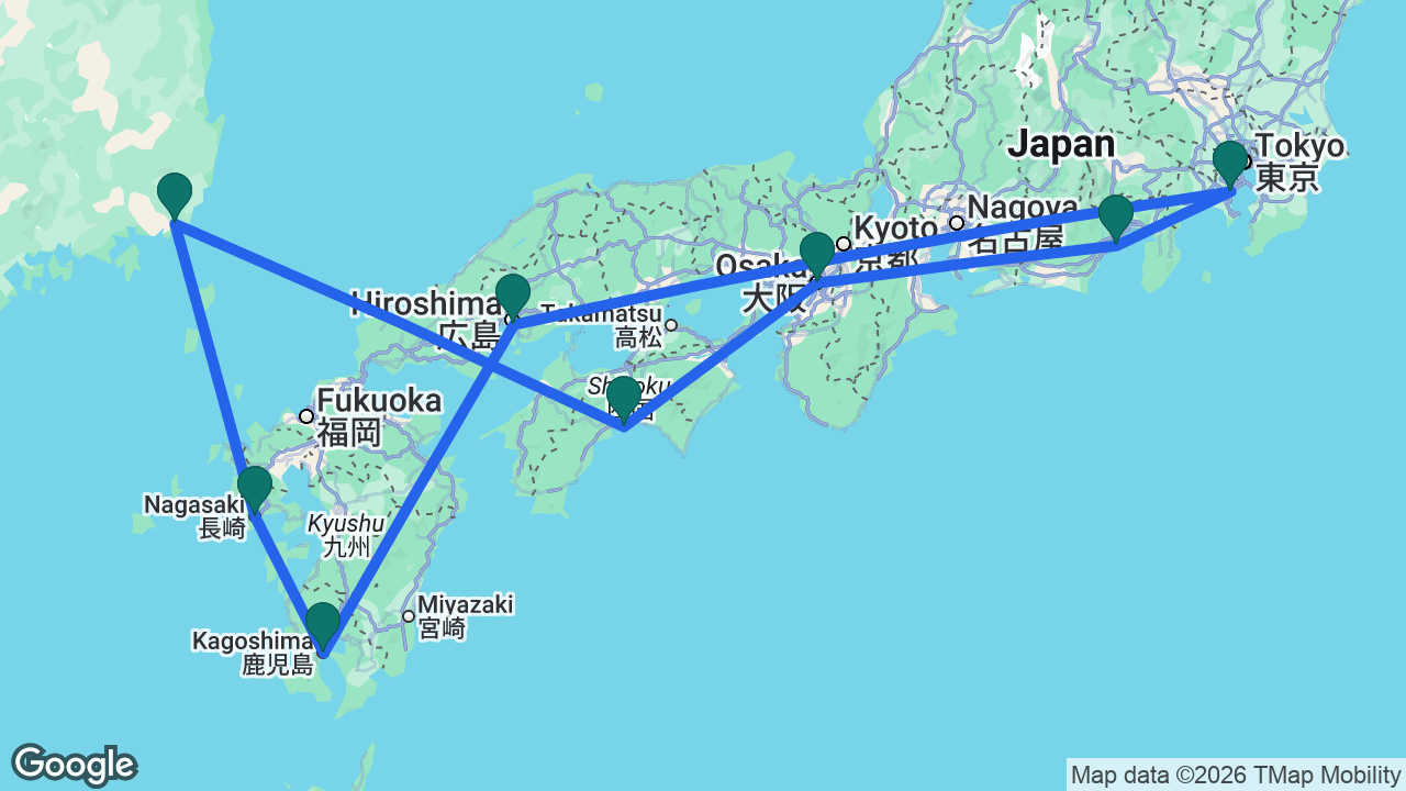 Route map: Tokyo -> Mount Fuji -> Osaka -> Kochi -> Busan -> Nagasaki -> Kagoshima -> Hiroshima -> Tokyo
