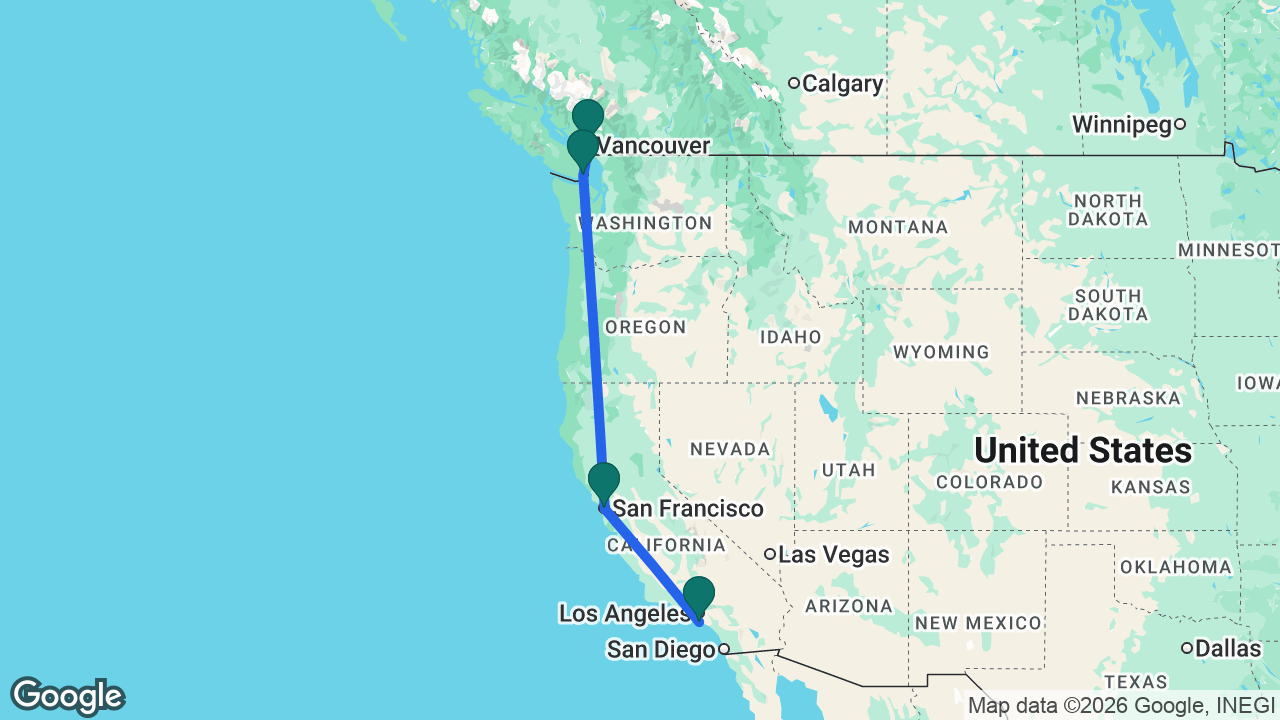 Route map: Vancouver -> Victoria -> San Francisco -> Los Angeles