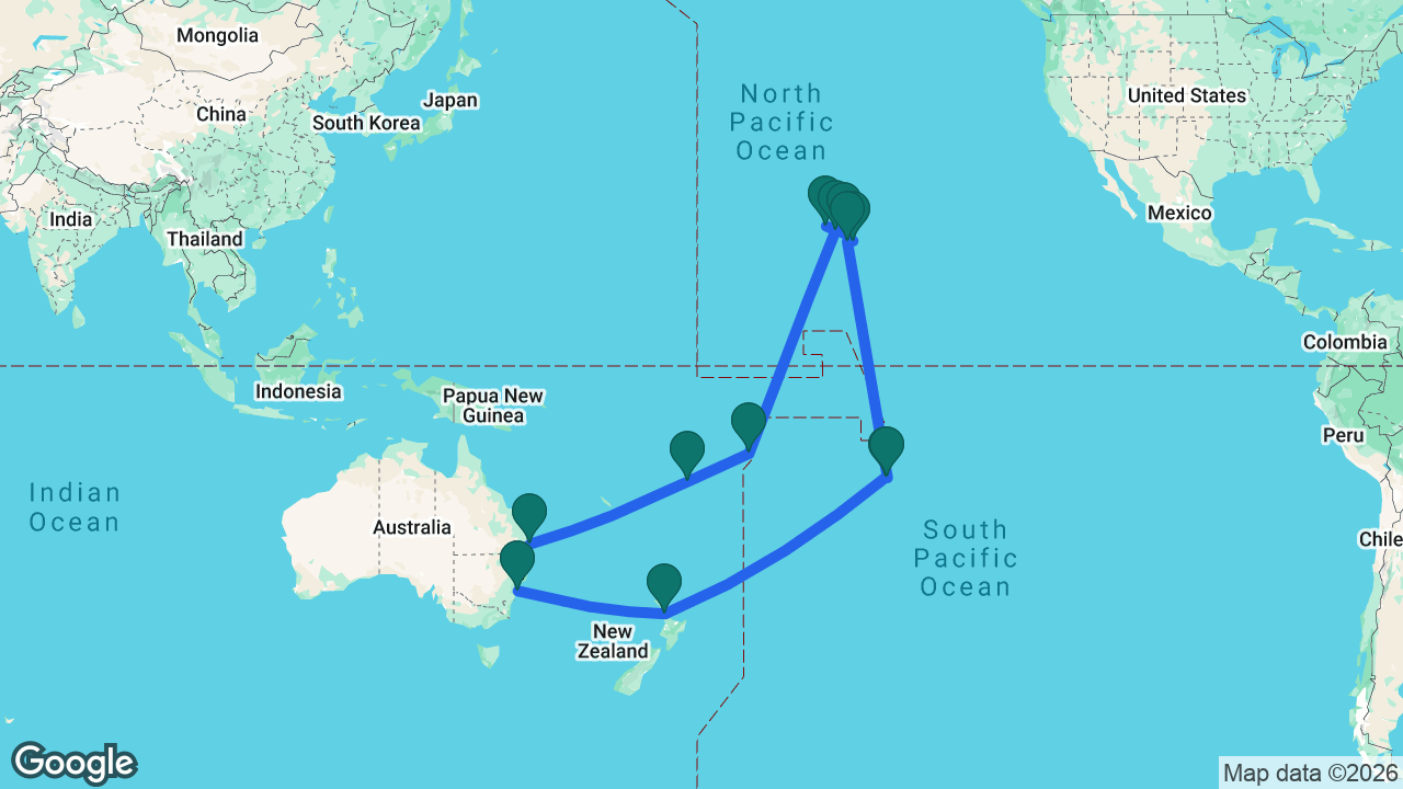 Route map: Brisbane -> Fiji -> Apia -> Honolulu -> Kauai -> Maui -> Hilo -> Kona -> Tahiti -> Moorea -> Auckland -> Sydney