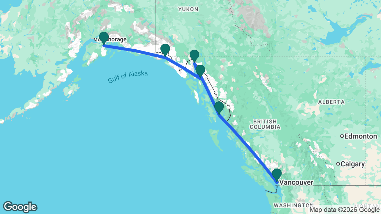 Route map: Whittier -> Hubbard Glacier -> Juneau -> Skagway -> Ketchikan -> Vancouver