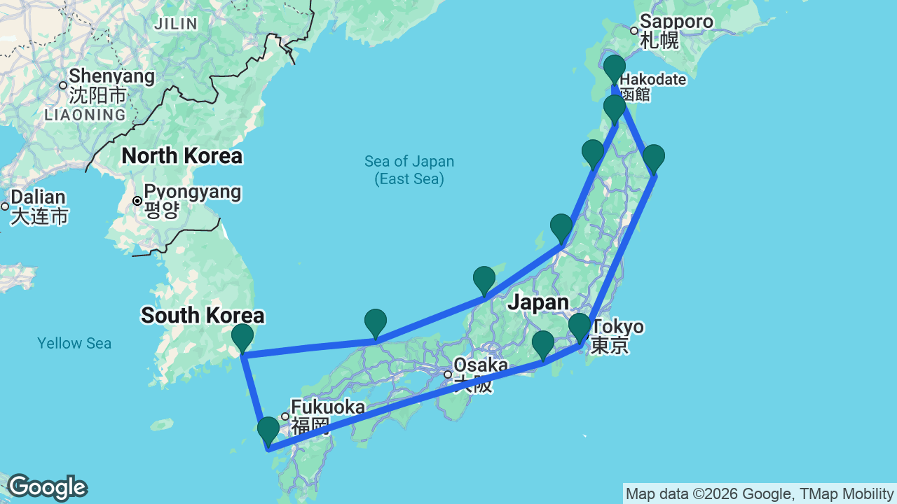 Route map: Tokyo -> Miyako -> Hakodate -> Aomori -> Akita -> Niigata -> Kanazawa -> Sakaiminato -> Busan -> Nagasaki -> Mount Fuji -> Tokyo