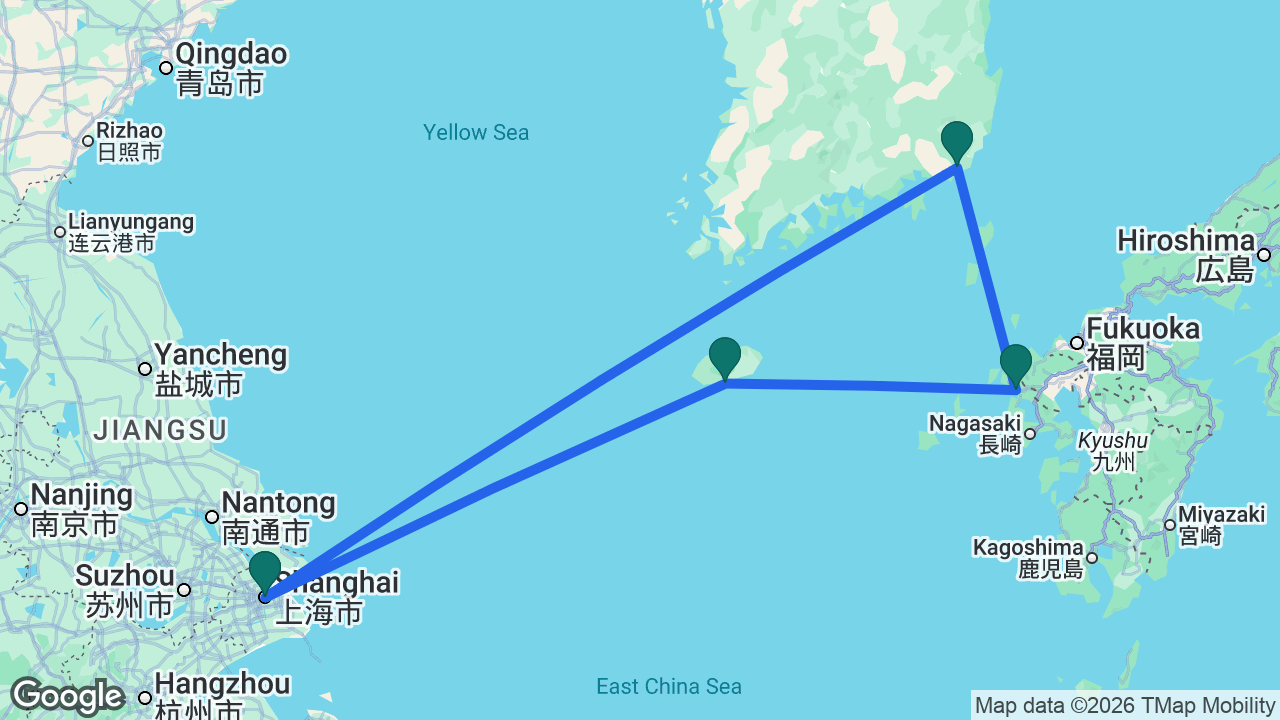 Route map: Shanghai -> Gangjeong -> Sasebo -> Busan -> Shanghai