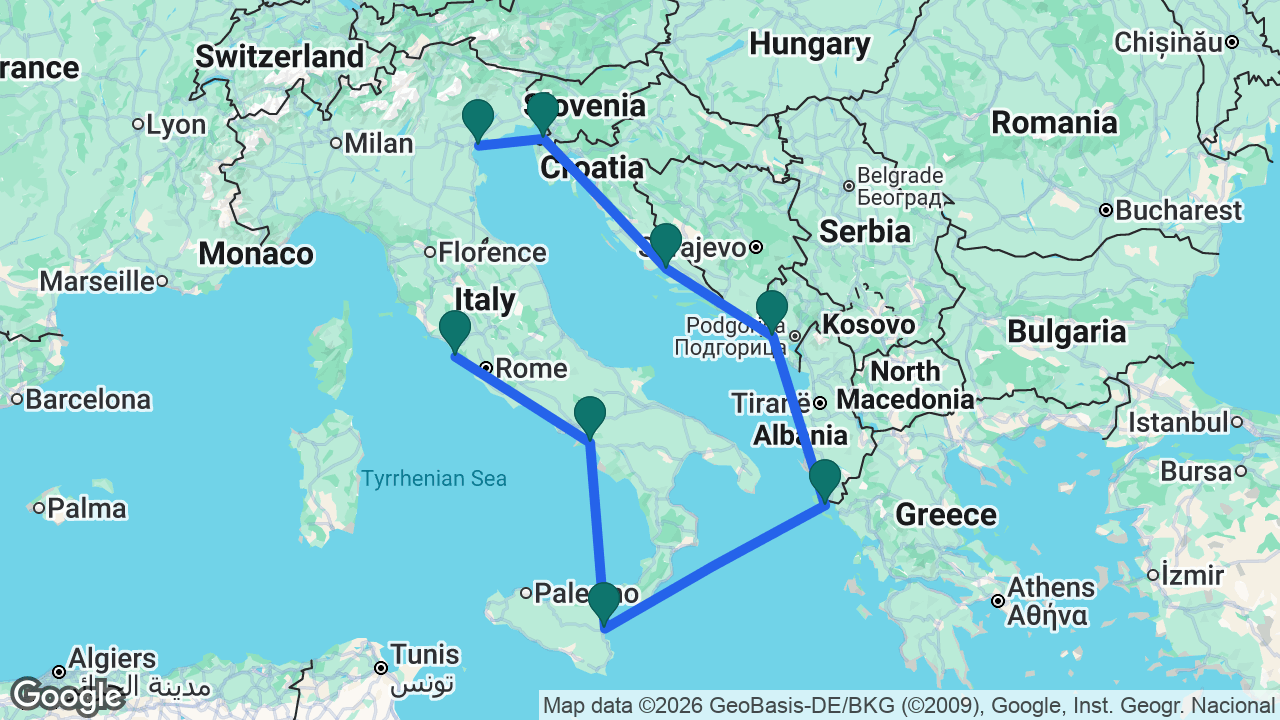 Route map: Rome -> Amalfi Coast -> Catania -> Corfu -> Kotor -> Split -> Koper -> Venice