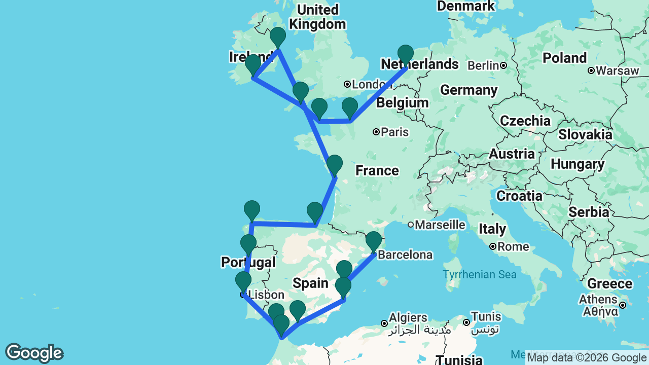 Route map: Barcelona -> Valencia -> Alicante -> Málaga -> Tangier -> Cádiz -> Lisbon -> Porto -> La Coruña -> Bilbao -> La Rochelle -> Dún Laoghaire -> Cobh -> Plymouth -> Guernsey -> Paris -> Amsterdam