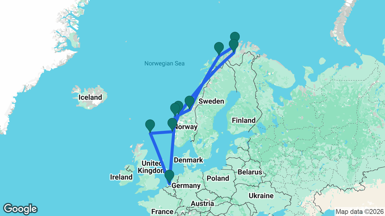Route map: Rotterdam -> Ålesund -> Trondheim -> Tromsø -> Hammerfest -> Alta -> Molde -> Bergen -> Lerwick -> Rotterdam
