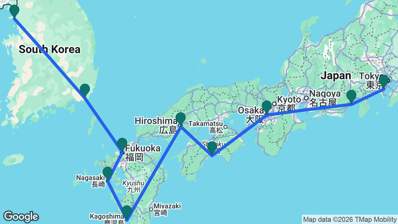 Route map: Tokyo -> Mount Fuji -> Osaka -> Kochi -> Hiroshima -> Kagoshima -> Nagasaki -> Fukuoka -> Busan -> Seoul