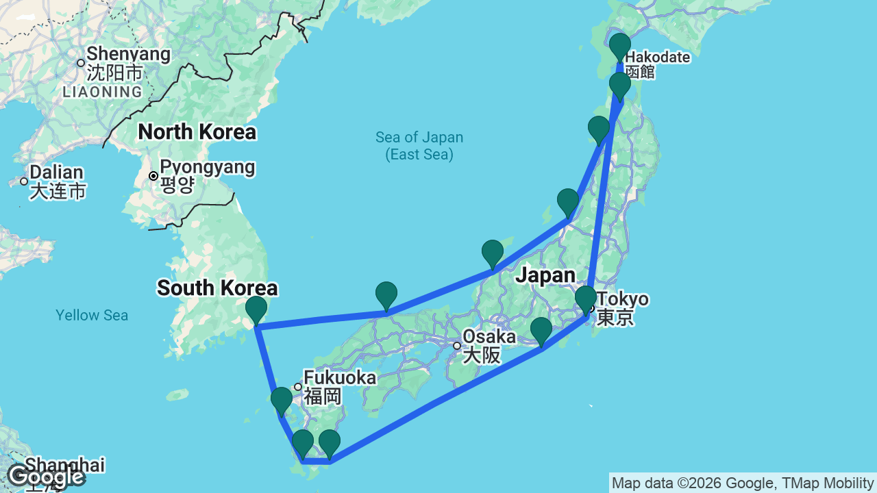 Route map: Tokyo -> Hakodate -> Aomori -> Akita -> Niigata -> Kanazawa -> Sakaiminato -> Busan -> Nagasaki -> Kagoshima -> Aburatsu -> Omaezaki -> Tokyo