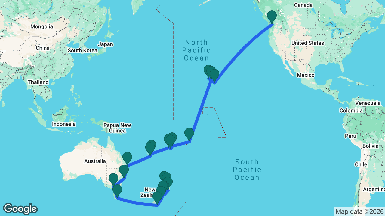 Route map: Auckland -> Tauranga -> Napier -> Wellington -> Picton -> Christchurch -> Dunedin -> Hobart -> Melbourne -> Sydney -> Brisbane -> Nouméa -> Lifou -> Lautoka -> Fiji -> Savusavu -> Pago Pago -> Honolulu -> Kauai -> Kona -> Seattle