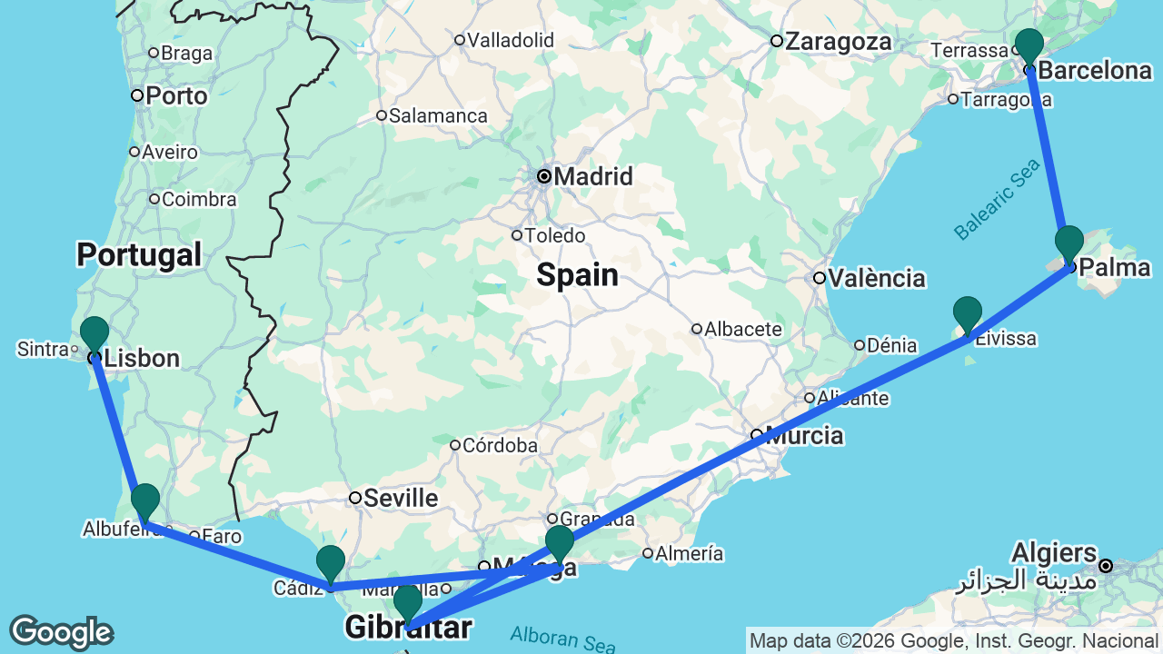 Route map: Lisbon -> Portimão -> Cádiz -> Motril -> Gibraltar -> Ibiza -> Mallorca -> Barcelona