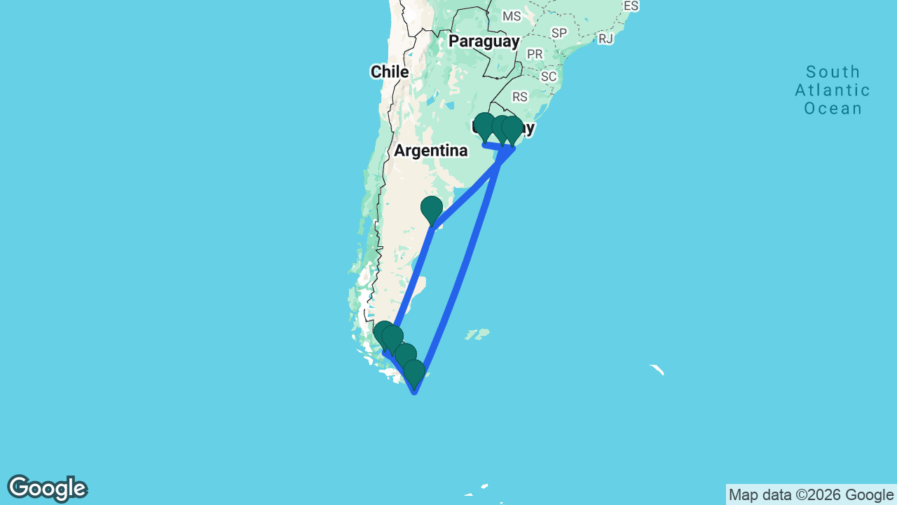 Route map: Buenos Aires -> Montevideo -> Cape Horn -> Ushuaia -> Strait of Magellan -> Punta Arenas -> Puerto Madryn -> Punta del Este -> Buenos Aires