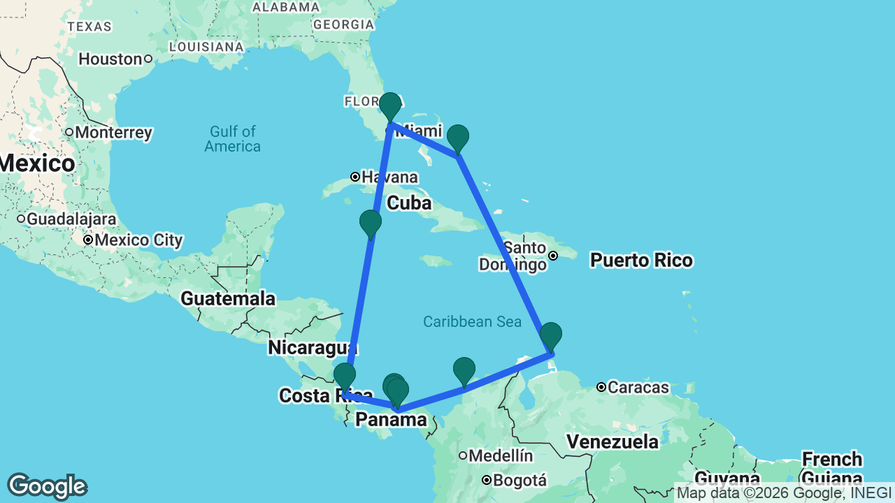 Route map: Fort Lauderdale -> Half Moon Cay -> Aruba -> Cartagena -> Panama Canal -> Gatún Lake -> Colón -> Limón -> Grand Cayman -> Fort Lauderdale