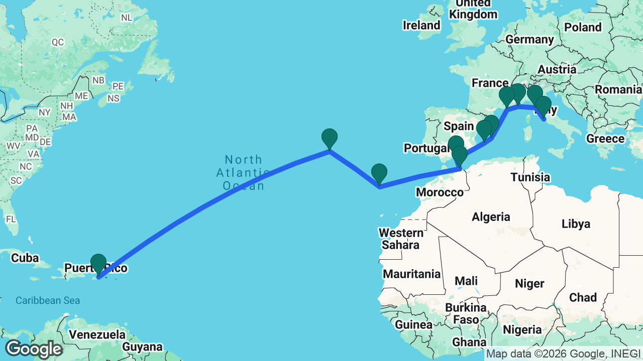 Route map: San Juan -> Azores -> Madeira -> Melilla -> Motril -> Ibiza -> Mallorca -> Marseille -> Villefranche -> Florence -> Rome
