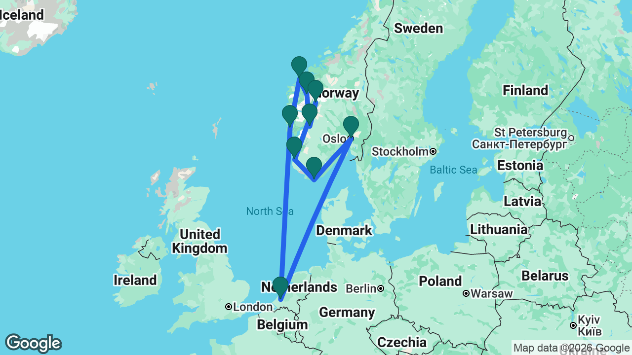 Route map: Rotterdam -> Oslo -> Mandal -> Stavanger -> Skjolden -> Eidfjord -> Olden -> Ålesund -> Bergen -> Rotterdam
