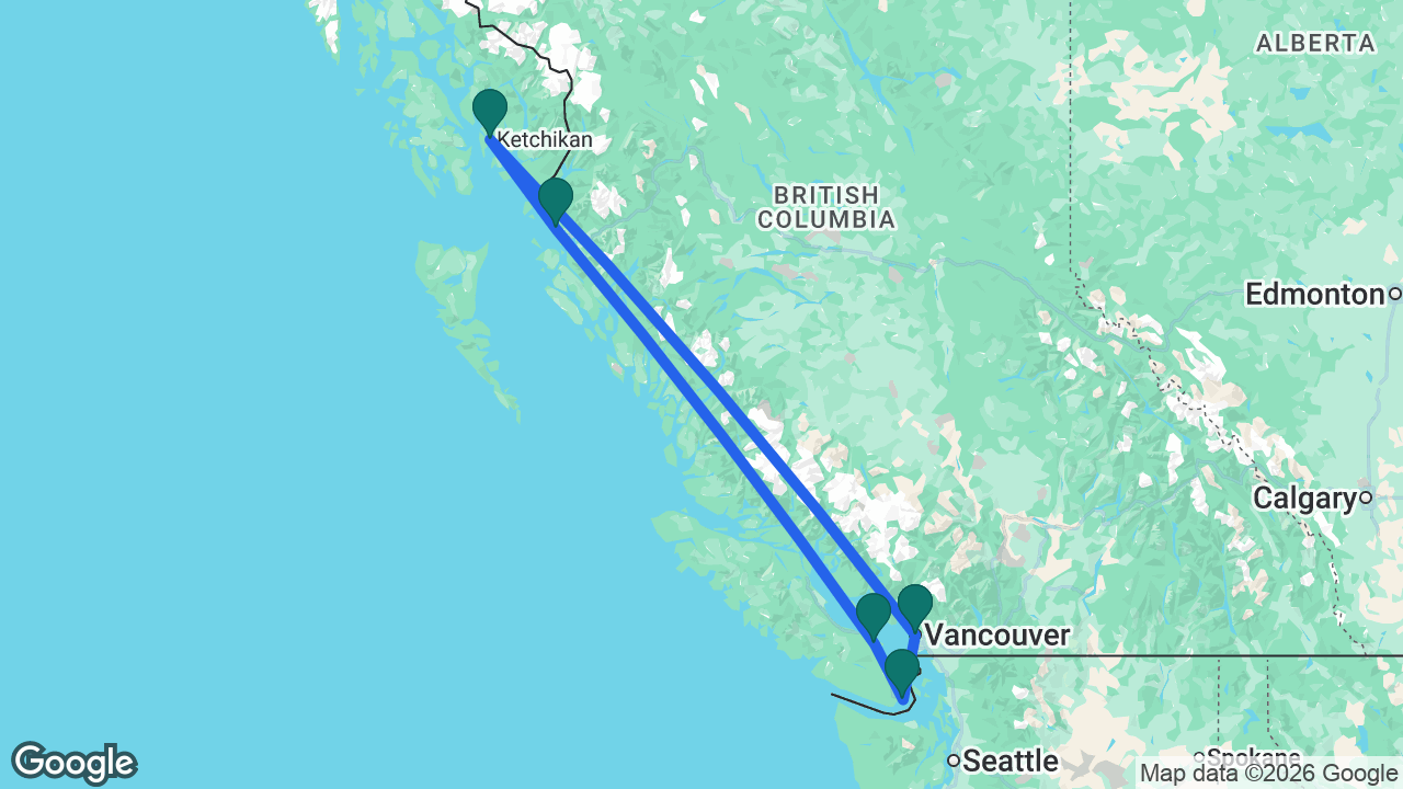 Route map: Vancouver -> Ketchikan -> Prince Rupert -> Nanaimo -> Victoria -> Vancouver