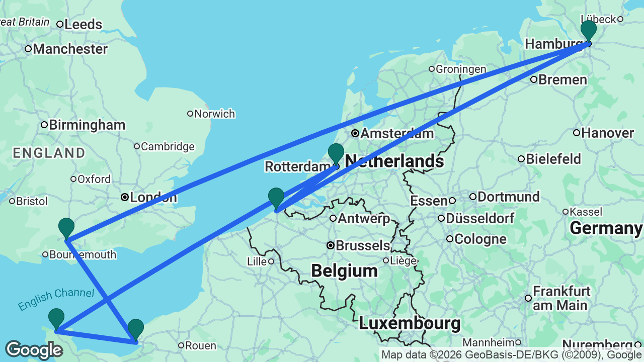 Route map: Rotterdam -> Cherbourg -> Paris -> Southampton -> Hamburg -> Bruges -> Rotterdam