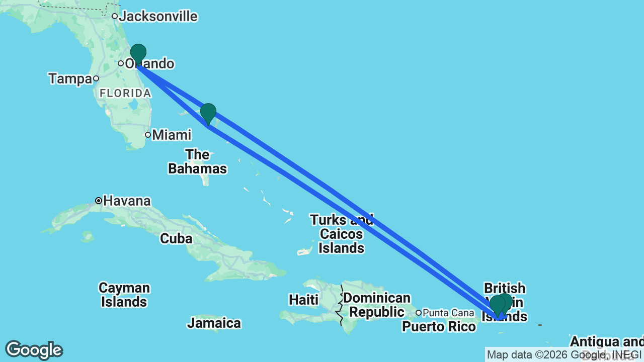 Route map: Port Canaveral -> Tortola -> St. Thomas -> Castaway Cay -> Port Canaveral