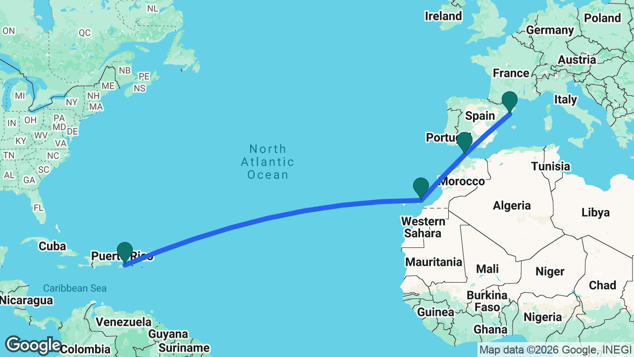 Route map: Barcelona -> Tangier -> Lanzarote -> San Juan