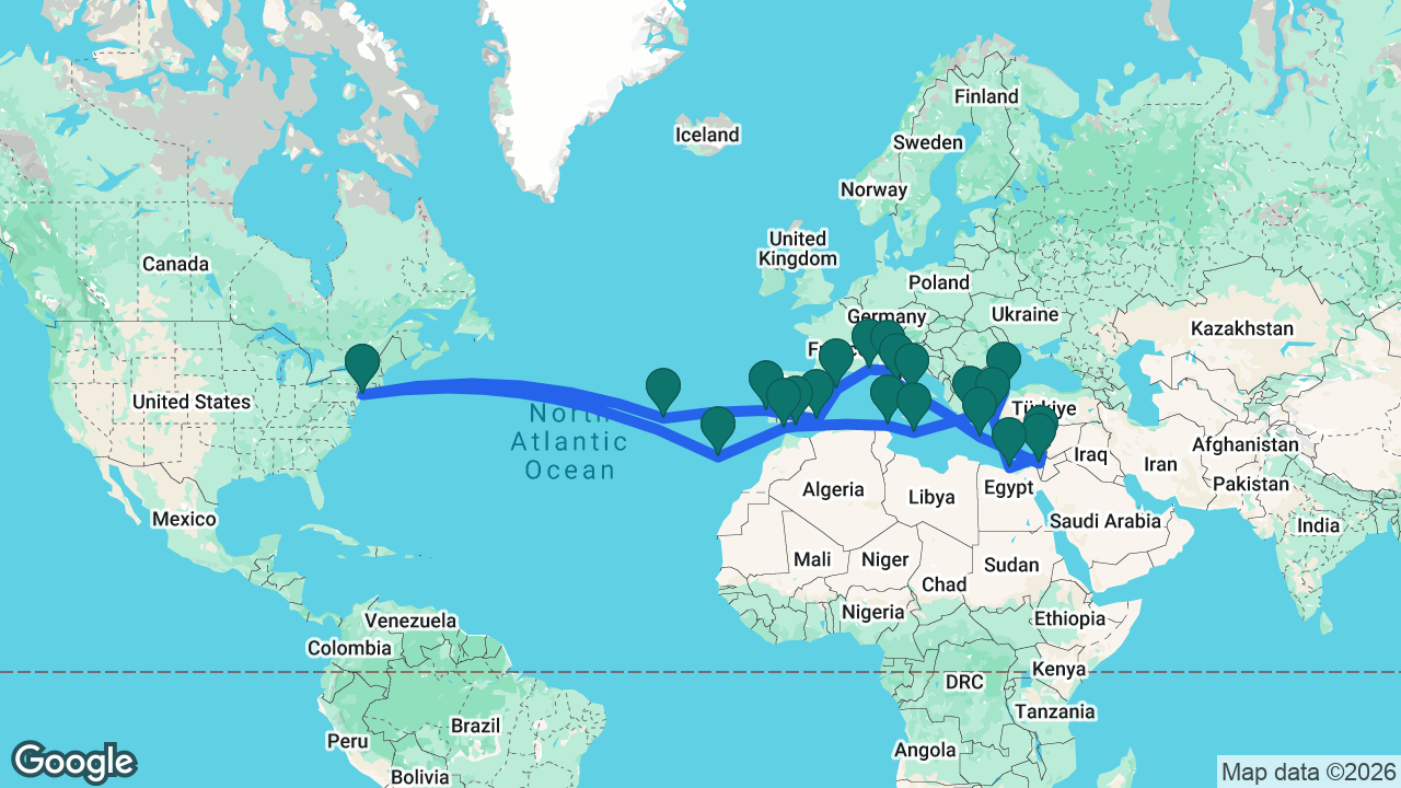 Route map: New York -> Azores -> Lisbon -> Cartagena -> Barcelona -> Villefranche -> Florence -> Rome -> Naples -> Heraklion -> Ashdod -> Haifa -> Alexandria -> Ephesus -> Istanbul -> Athens -> Valletta -> La Goulette -> Málaga -> Cádiz -> Madeira -> New York