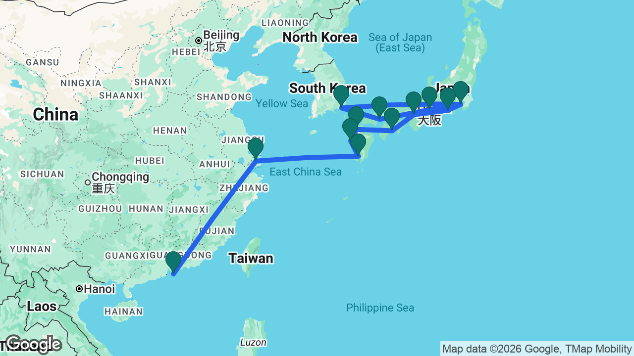 Route map: Hong Kong -> Shanghai -> Kagoshima -> Nagasaki -> Fukuoka -> Kochi -> Osaka -> Mount Fuji -> Tokyo -> Busan -> Hiroshima -> Nagoya -> Tokyo