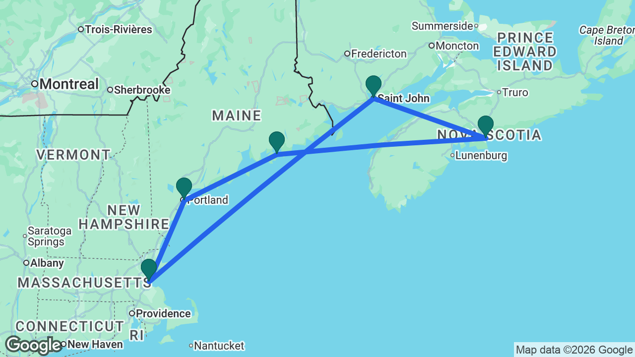 Route map: Boston -> Portland -> Bar Harbor -> Halifax -> Saint John -> Boston
