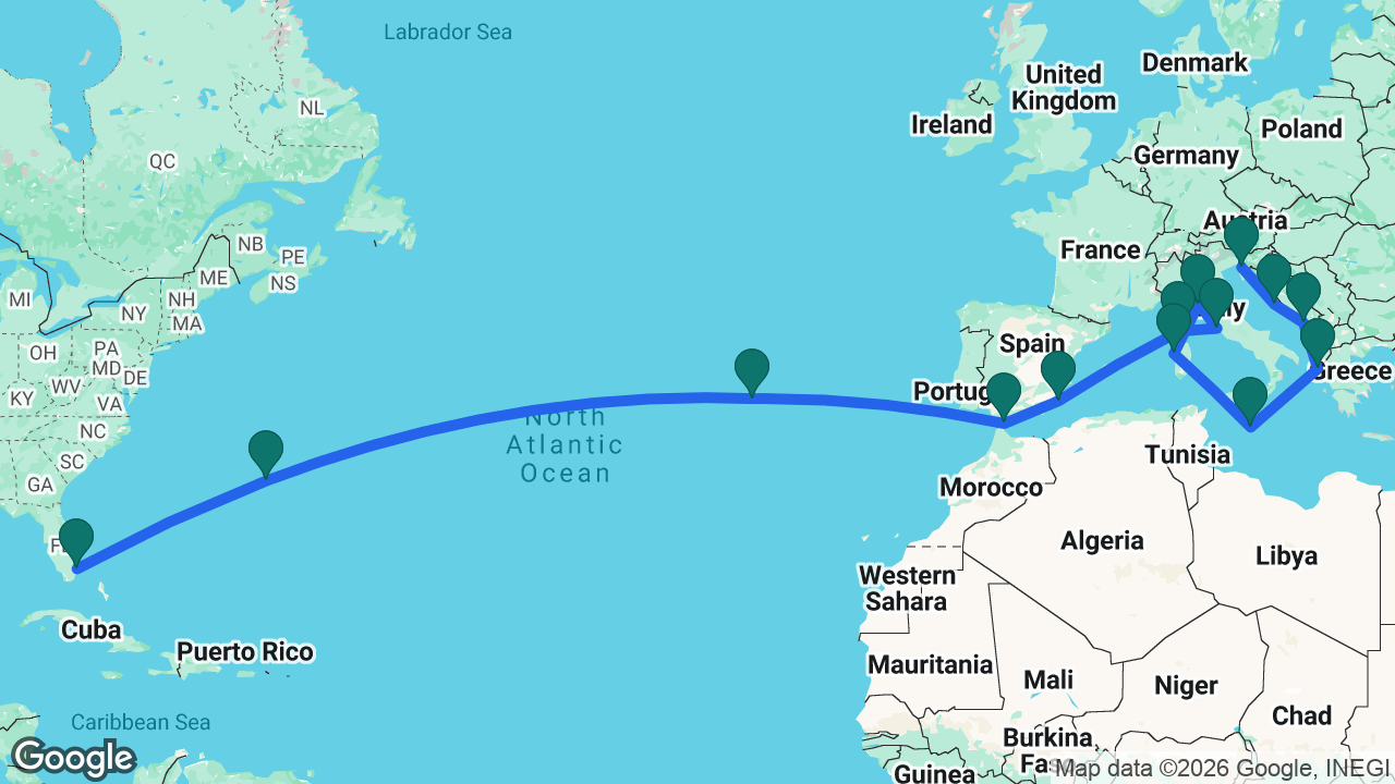 Route map: Fort Lauderdale -> Bermuda -> Azores -> Gibraltar -> Cartagena -> Ajaccio -> Rome -> Florence -> Alghero -> Valletta -> Corfu -> Kotor -> Split -> Trieste