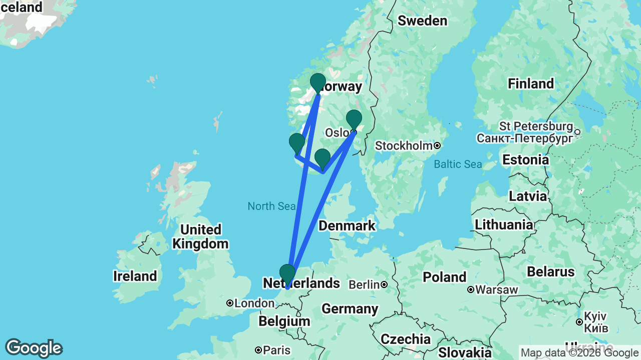 Route map: Amsterdam -> Oslo -> Kristiansand -> Sandnes -> Skjolden -> Amsterdam