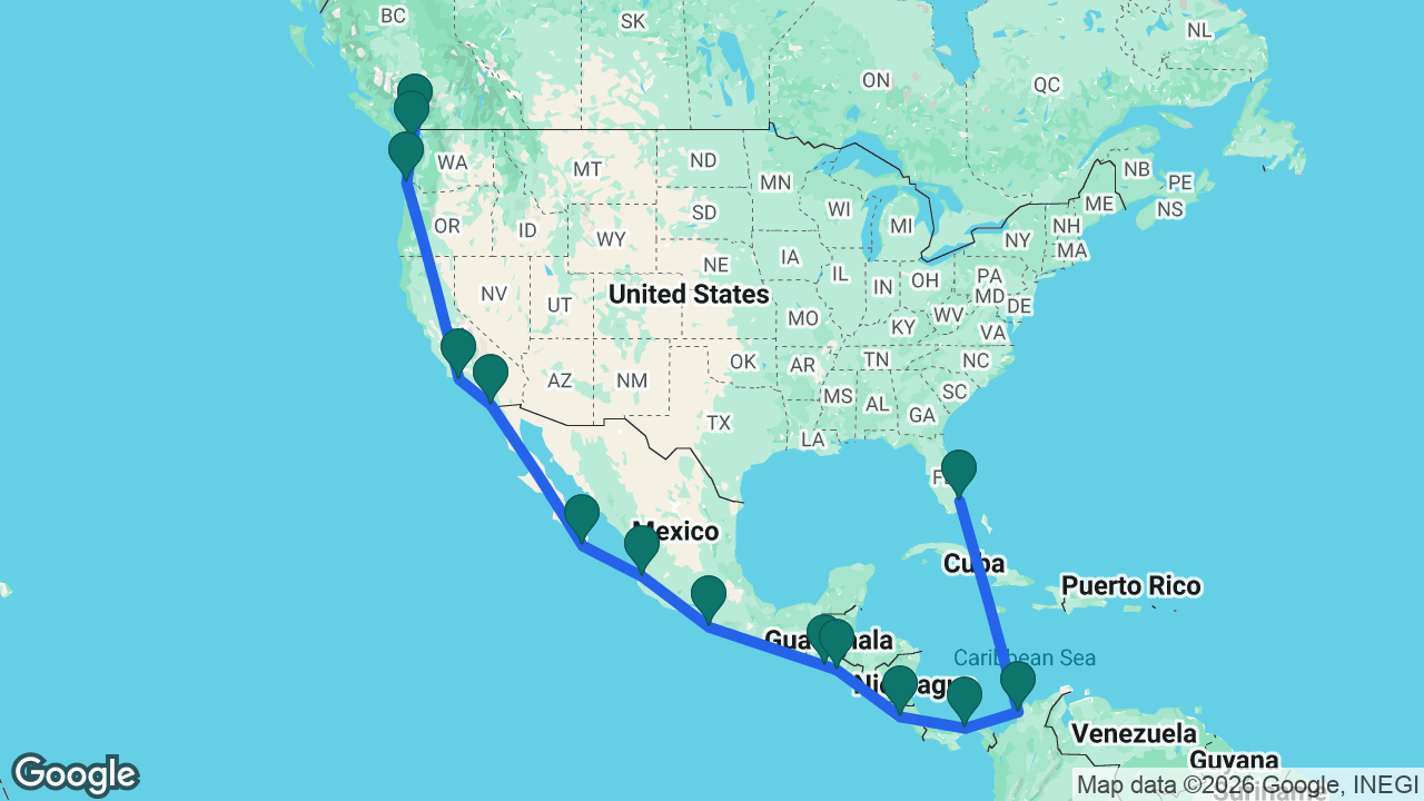 Route map: Fort Lauderdale -> Cartagena -> Panama Canal -> Puntarenas -> Acajutla -> Puerto Quetzal -> Acapulco -> Puerto Vallarta -> Cabo -> San Diego -> Santa Barbara -> Astoria -> Victoria -> Vancouver