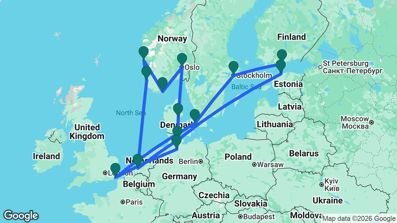 Route map: Rotterdam -> Kiel -> Tallinn -> Helsinki -> Stockholm -> Copenhagen -> Dover -> Hamburg -> Aarhus -> Oslo -> Kristiansand -> Bergen -> Stavanger -> Rotterdam