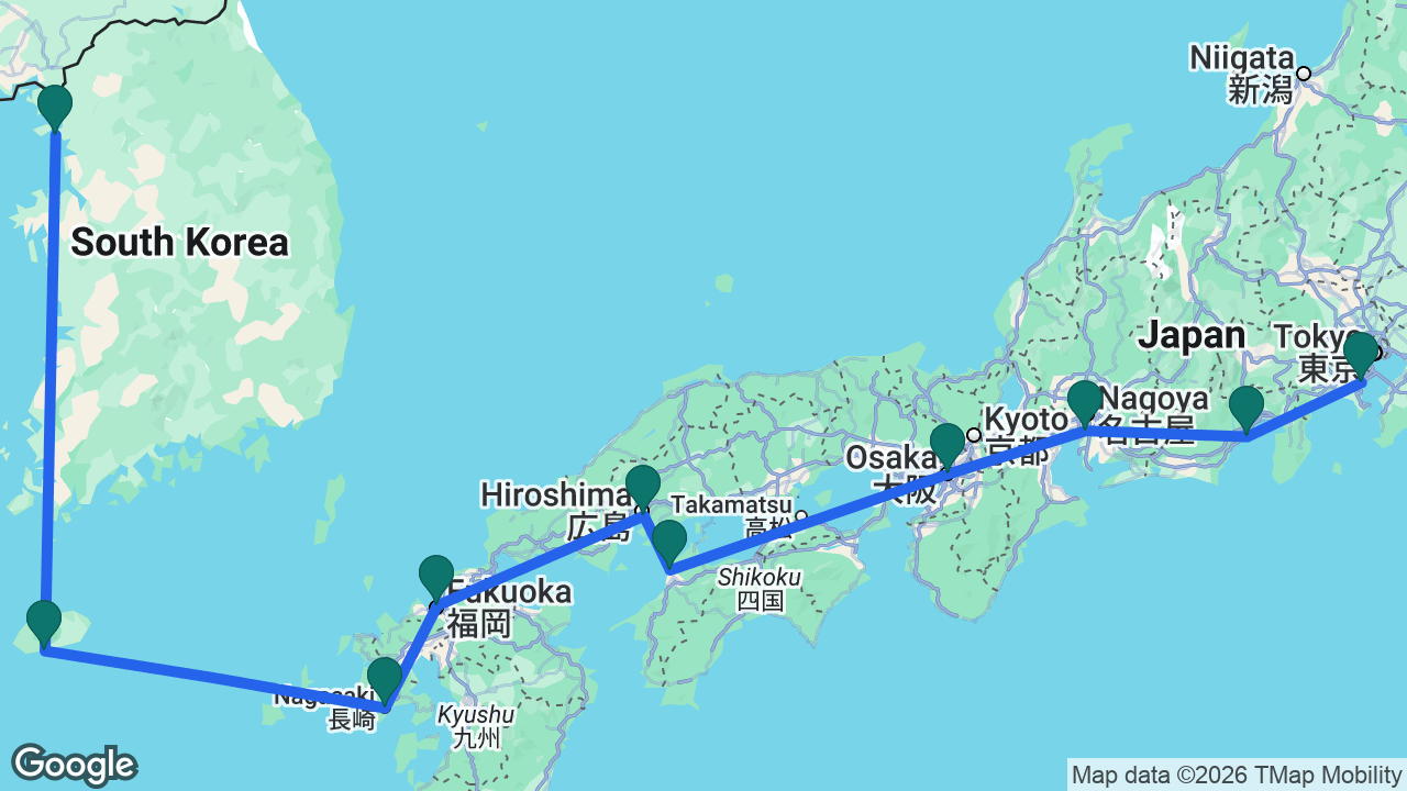 Route map: Seoul -> Jeju -> Nagasaki -> Hakata -> Hiroshima -> Matsuyama -> Osaka -> Nagoya -> Mount Fuji -> Tokyo