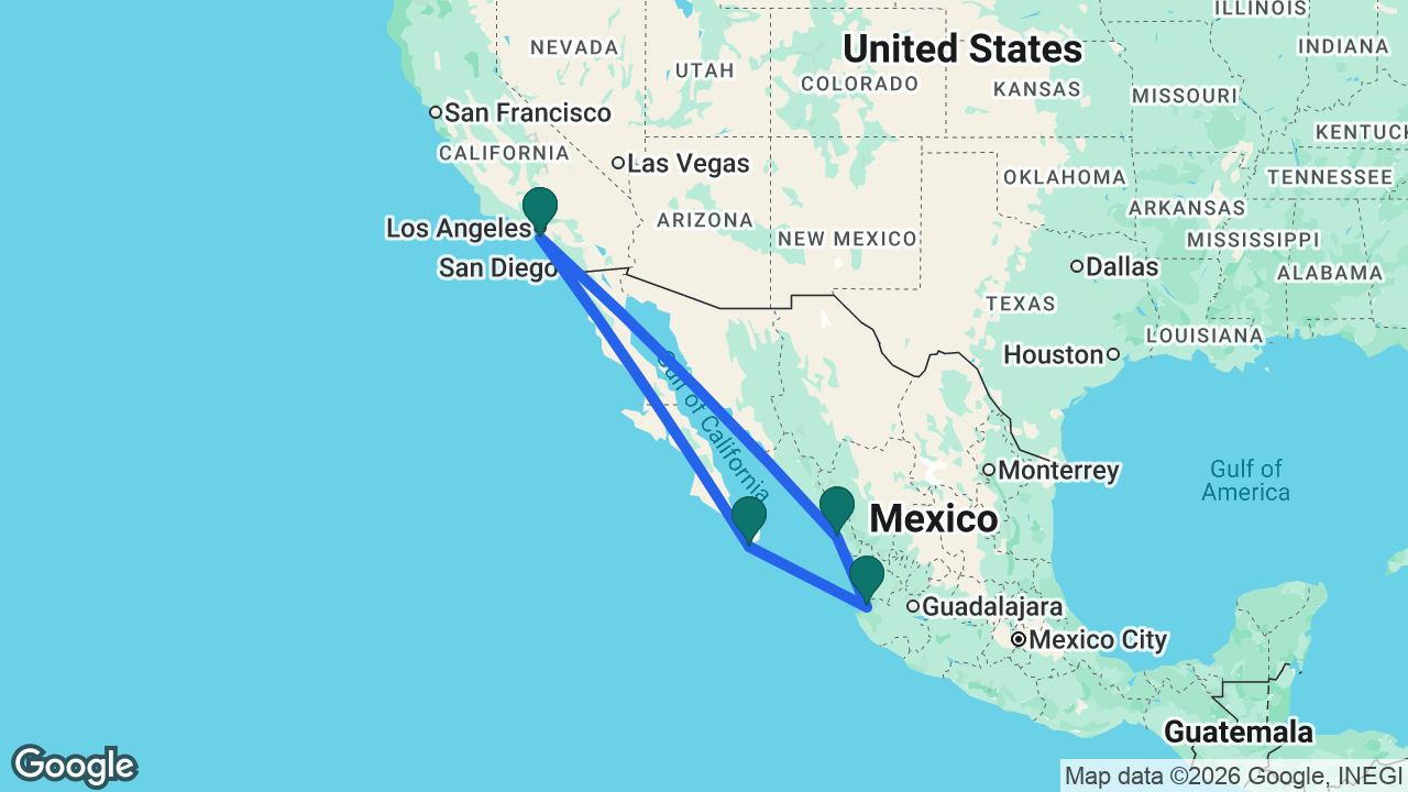 Route map: Los Angeles -> Mazatlán -> Puerto Vallarta -> Cabo -> Los Angeles