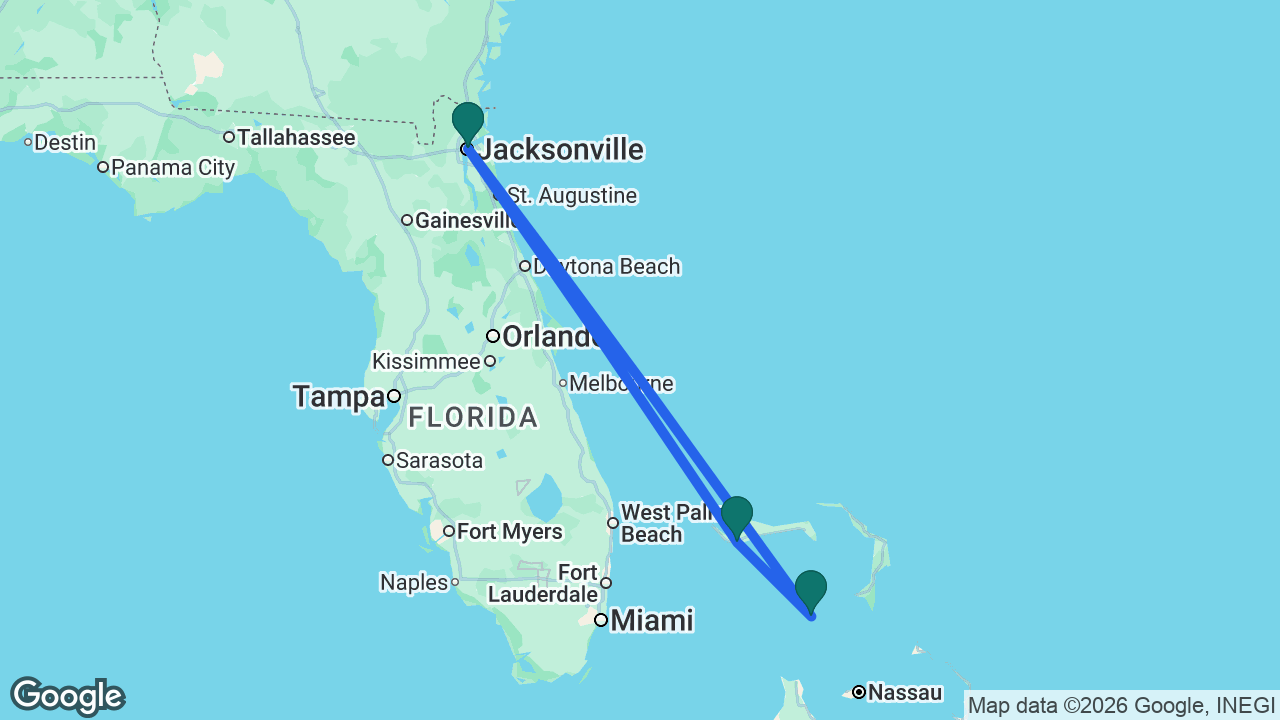 Route map: Jacksonville -> Freeport -> Great Stirrup Cay -> Jacksonville