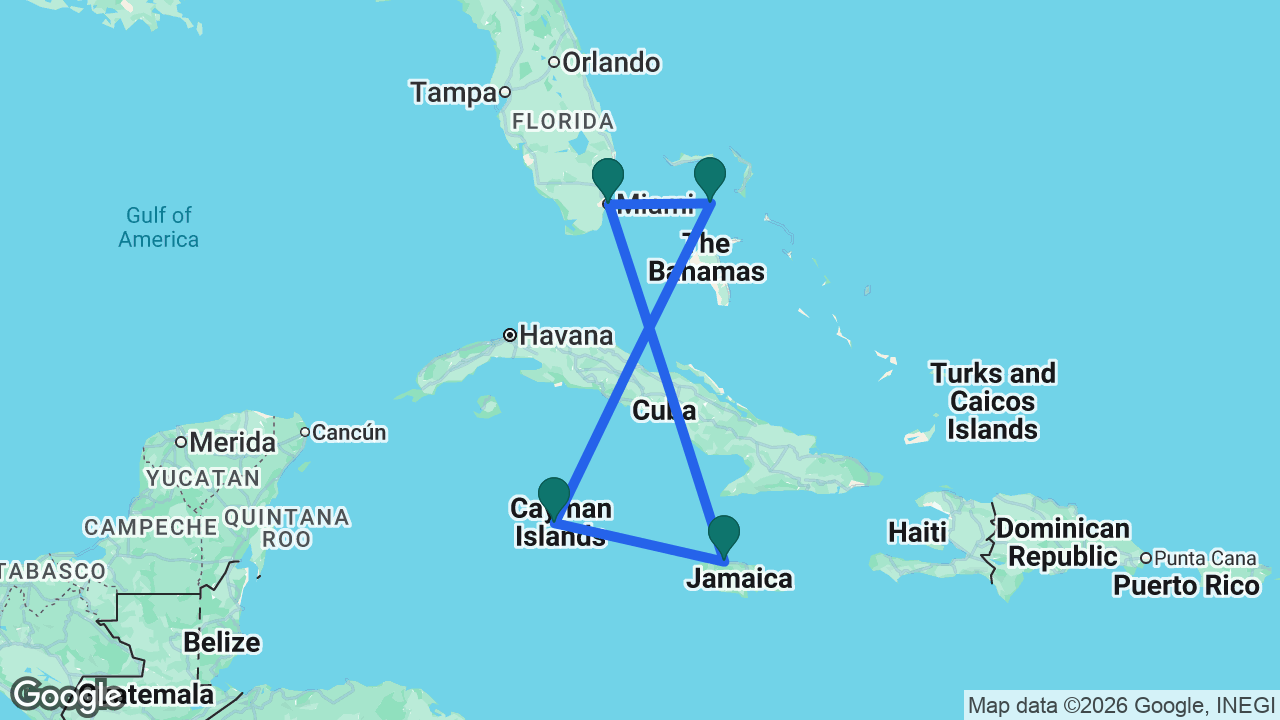 Route map: Miami -> CocoCay -> Grand Cayman -> Falmouth -> Miami