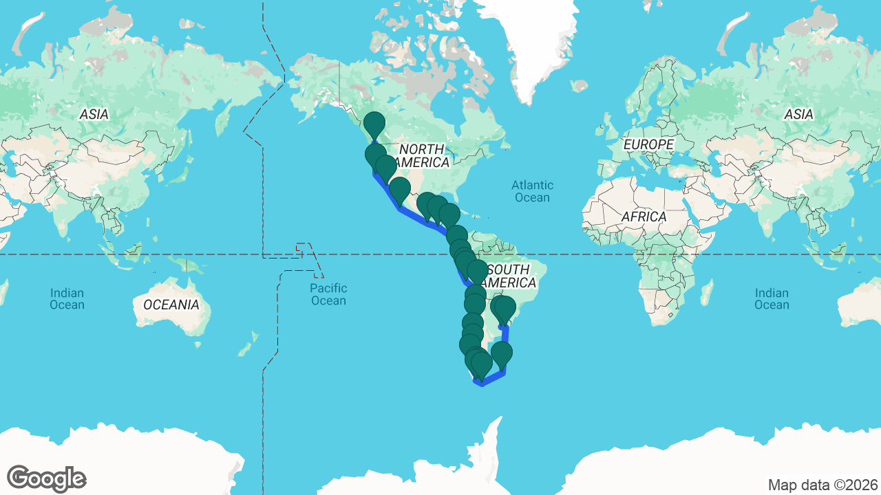Route map: Vancouver -> San Francisco -> San Diego -> Cabo -> Huatulco -> Puerto Quetzal -> Puntarenas -> Manta -> Salaverry -> Lima -> General San Martín -> Arica -> Coquimbo -> San Antonio -> Puerto Montt -> Puerto Chacabuco -> Pío XI Glacier -> Strait of Magellan -> Punta Arenas -> Cockburn Channel -> Beagle Channel -> Ushuaia -> Port Stanley -> Montevideo -> Buenos Aires