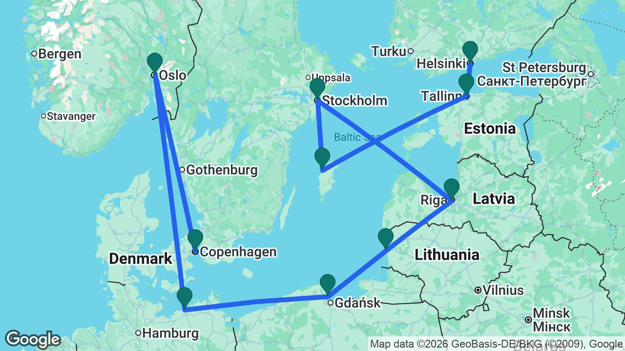 Route map: Copenhagen -> Oslo -> Berlin -> Gdansk -> Klaipeda -> Riga -> Stockholm -> Visby -> Tallinn -> Helsinki