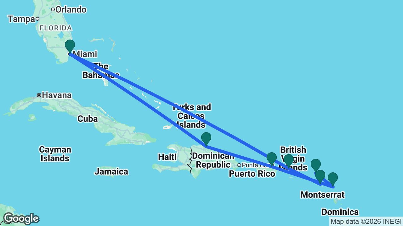 Route map: Miami -> St. Thomas -> St. Kitts -> St. Maarten -> Antigua -> San Juan -> Puerto Plata -> Miami