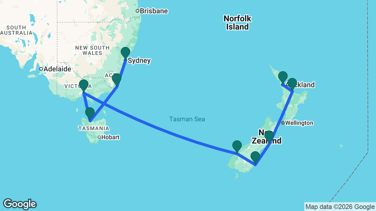 Route map: Auckland -> Tauranga -> Christchurch -> Dunedin -> Milford Sound -> Melbourne -> Tasmania -> Eden -> Sydney