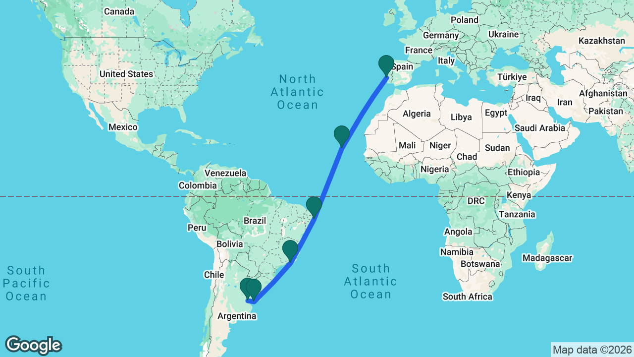 Route map: Lisbon -> Mindelo -> Recife -> Rio -> Montevideo -> Buenos Aires