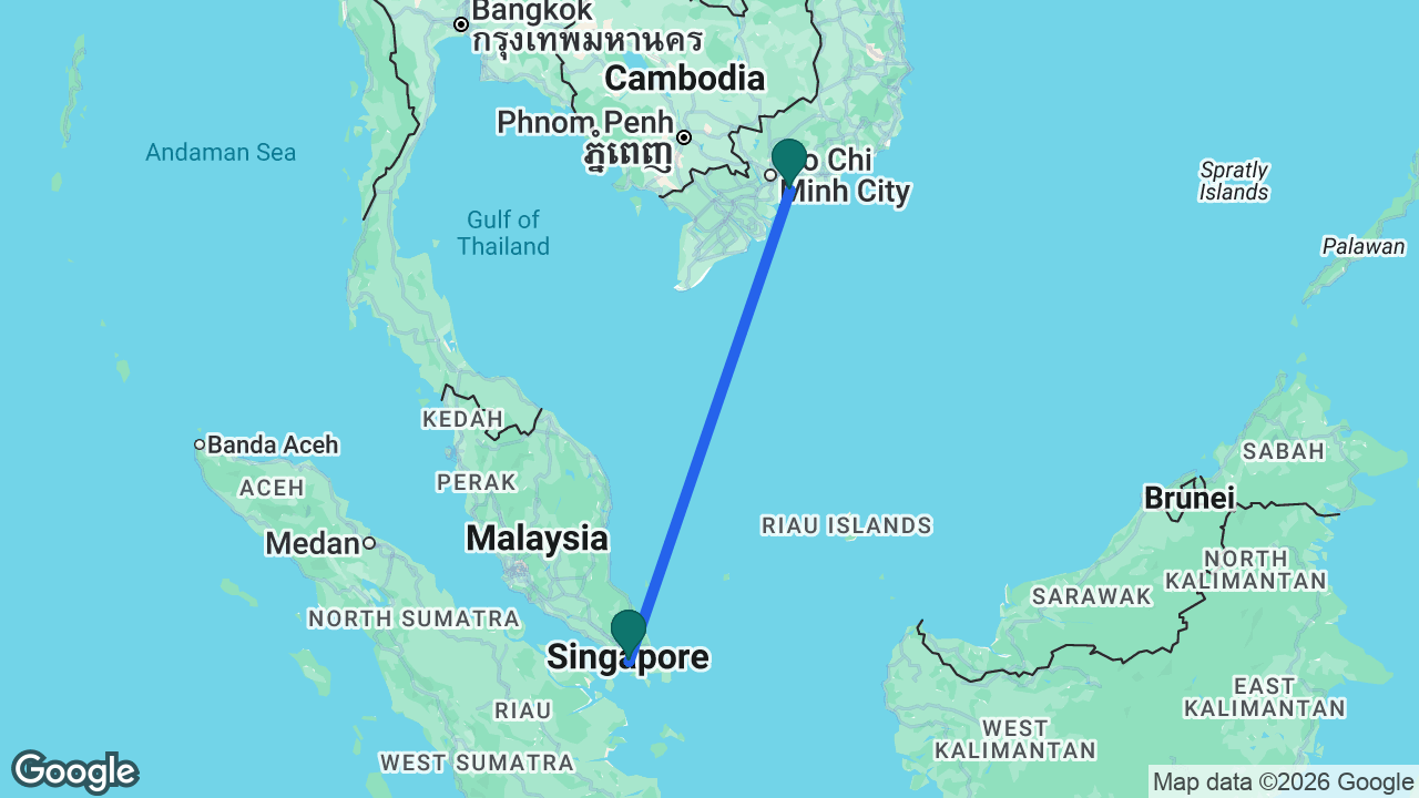 Route map: Singapore -> Ho Chi Minh City -> Singapore